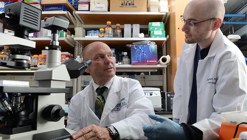 Researchers talking in lab.