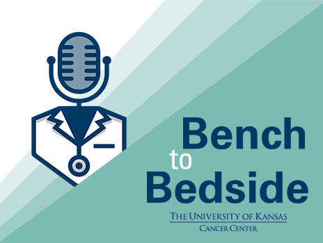 Podcast cover image with graphic of microphone in lab coat and the words Bench to Bedside