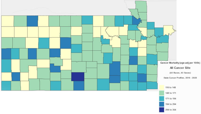 Map of KU Cancer Center's catchment area, color-coded in blue and yellow to show cancer mortality rates across the region.