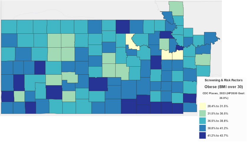 Map of KU Cancer Center's catchment area, color-coded in blue and yellow to show cancer obesity rates across the region.