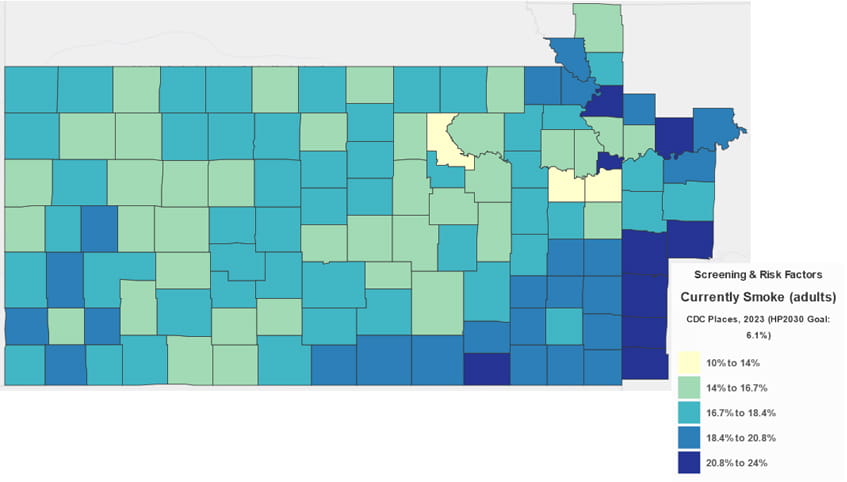 Map of KU Cancer Center's catchment area, colored to differentiate between percentage of adult smokers in each county.