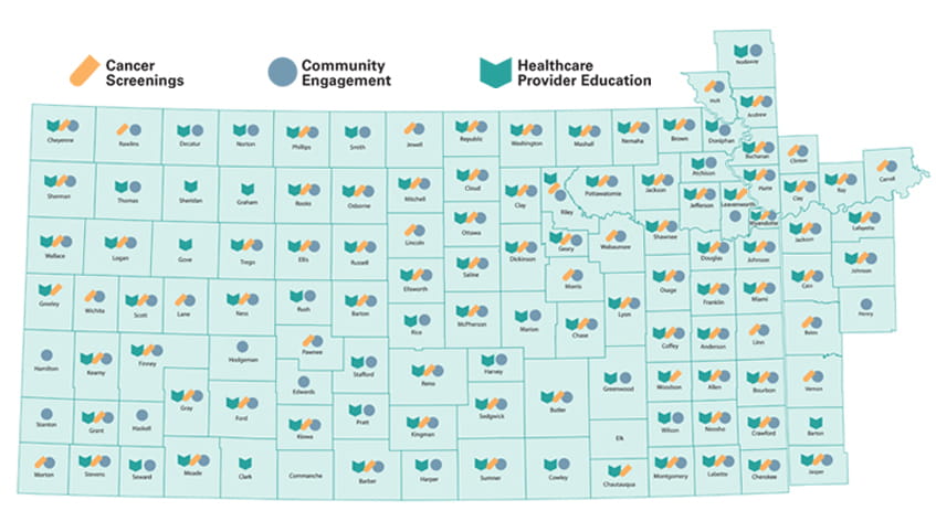 Map of the state of Kansas divided by county