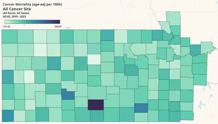 I map of Kansas counties colored according to the cancer mortality rate, age adjusted per 100k people. Most counties are green-to-teal, while one county in the central south is dark blue.