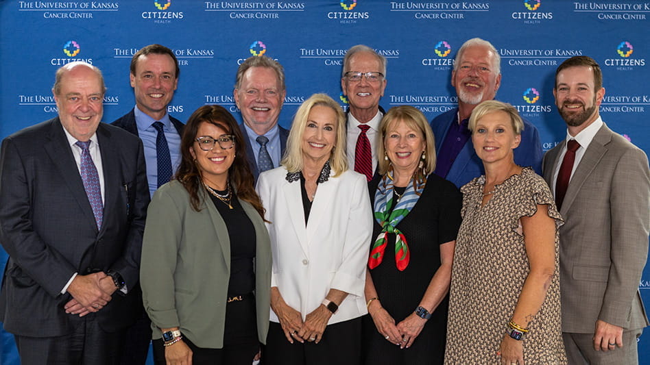 Group photo from event announcing collaboration expanding cancer care in rural kansas with The University of Kansas Cancer Center and Citizens Health