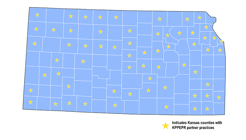 A blue map of the state of kansas with lines showing its different counties. Yellow stars are present in each county that has a KPPEPR practice