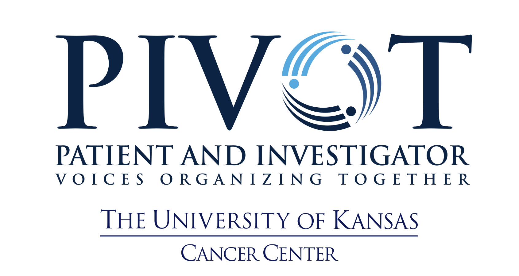 Logo of words spelling "PIVOT" with a stylized letter "O". Under the logo are the words "Patient and Investigator Voices Organizing Together" and the logo for The University of Kansas Cancer Center.