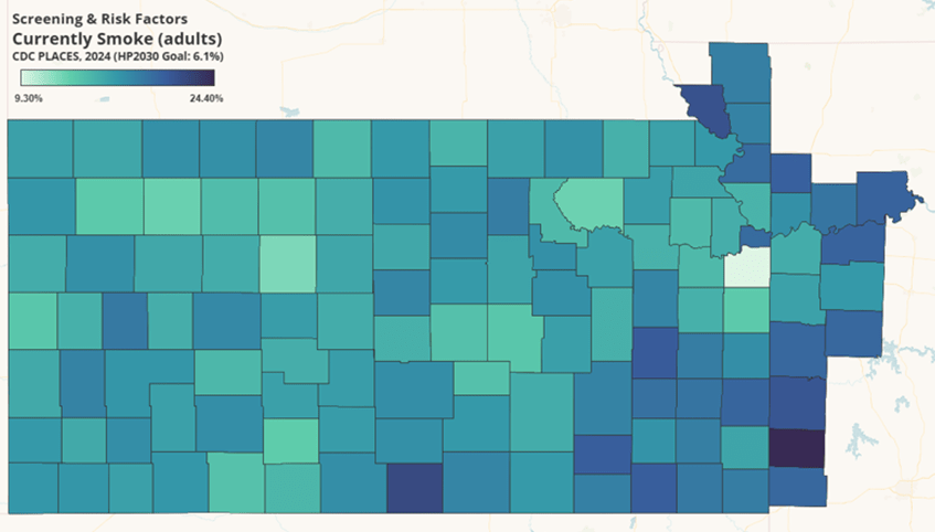 A map of Kansas counties colored according to the percentage of adults who smoke tobacco. Most counties are green-to-teal, while one county in the southeast is dark blue.