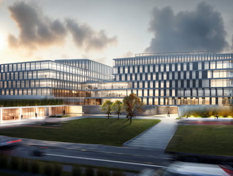 Architectural rendering of a building at dusk