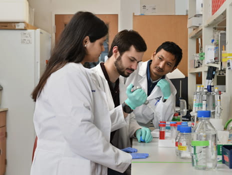 Scientists in white lab coats look at equipment in laboratory.